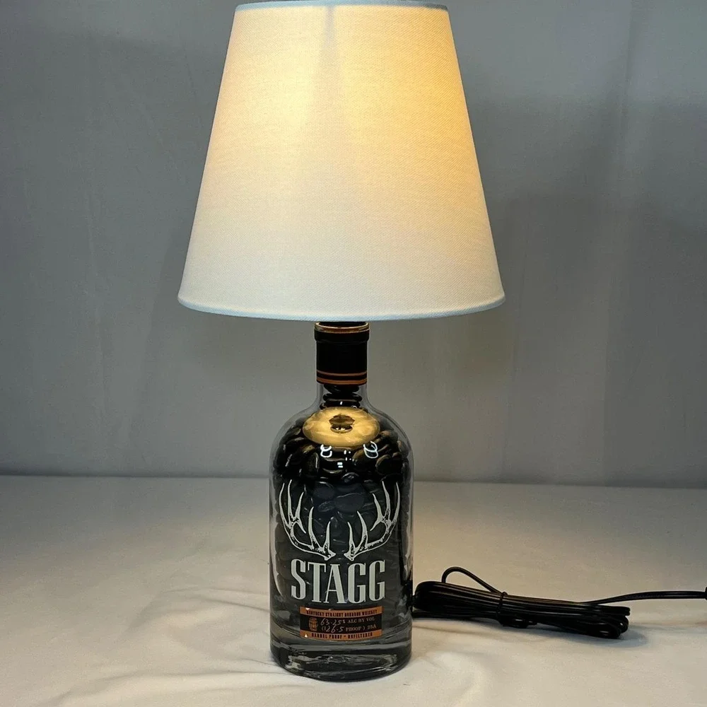 Stagg Bourbon Whiskey Bottle Lamp with Black River Stones and White Shade 15.5in